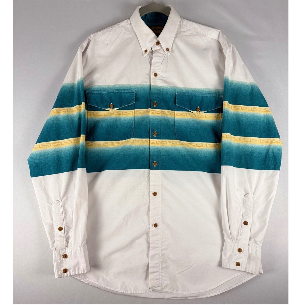 Roper Mens Medium Western Shirt Teal Yellow Geometric Stripe Cotton Button Down